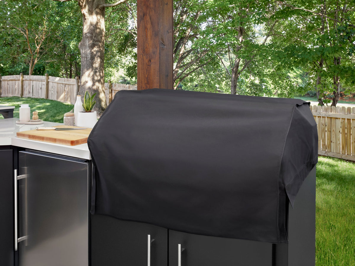 Emory | Îlot de cuisine extérieure d’angle avec barbecue encastrable et four à pizza