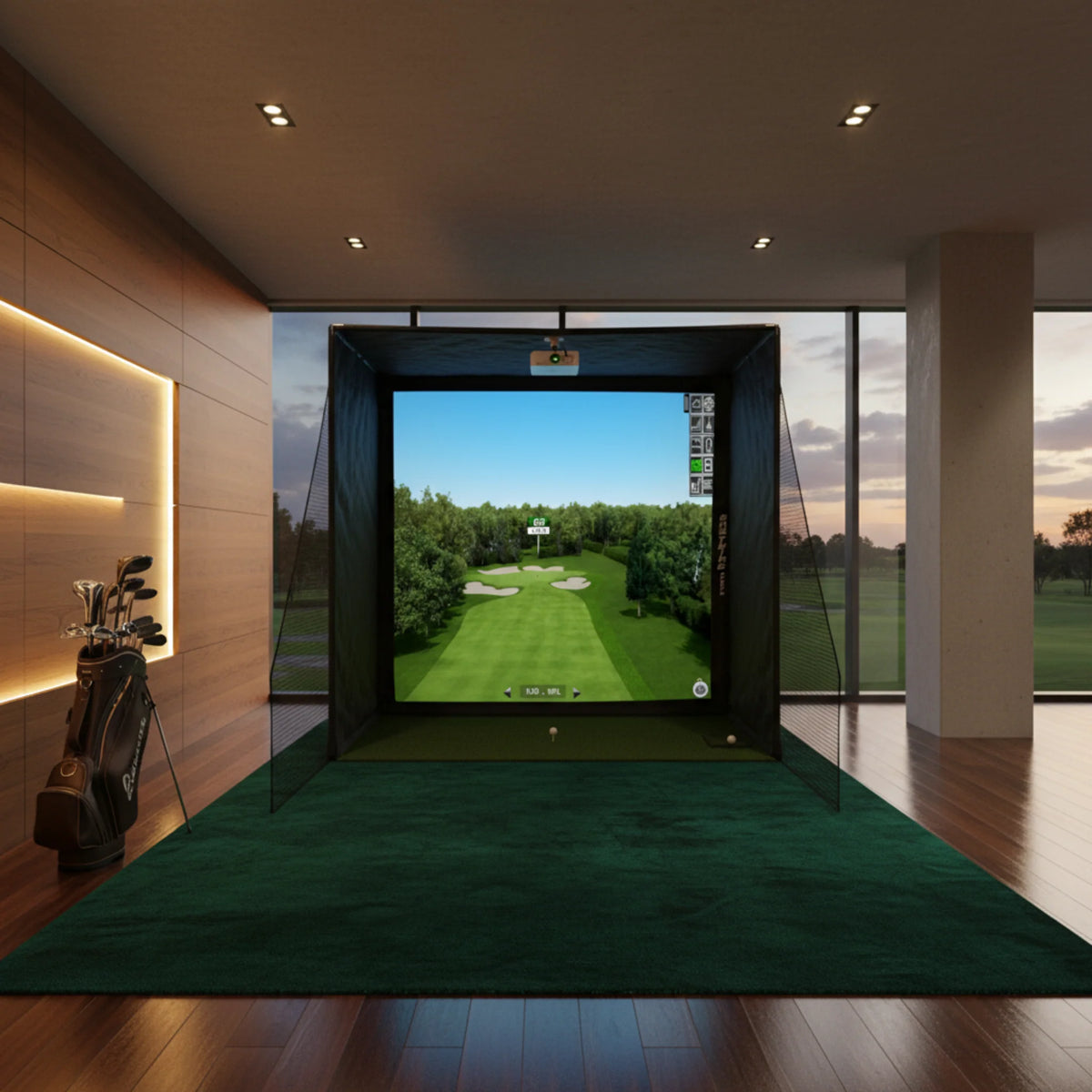 Enceinte pour simulateur de golf avec filet d’impact et tous les poteaux