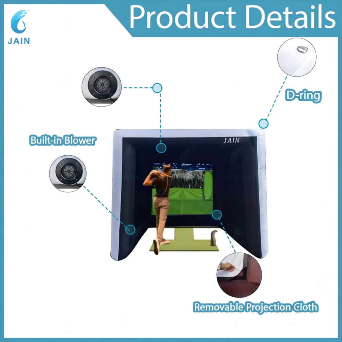 Enceinte gonflable pour simulateur de golf avec cage d’entraînement au swing, ventilateur intégré et toile Oxford