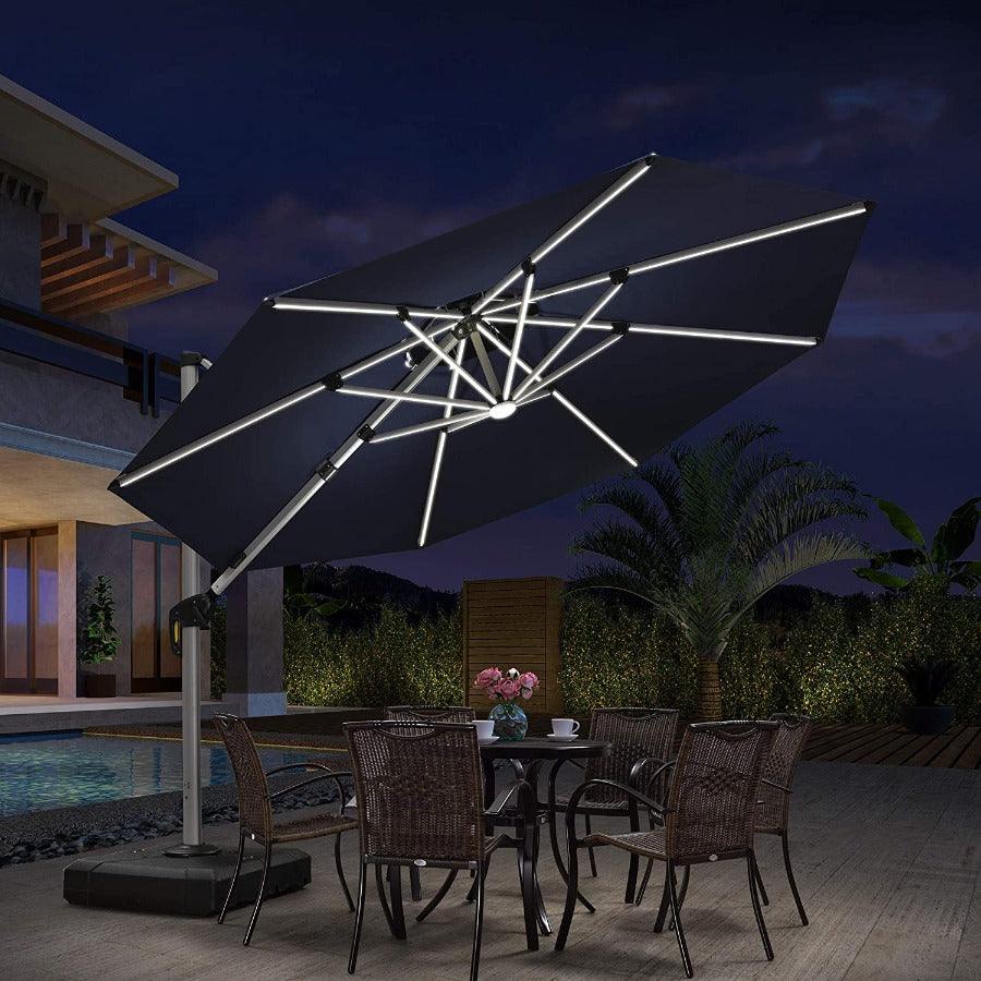PURPLE LEAF – Parasol déporté rond solaire pour terrasse avec éclairage