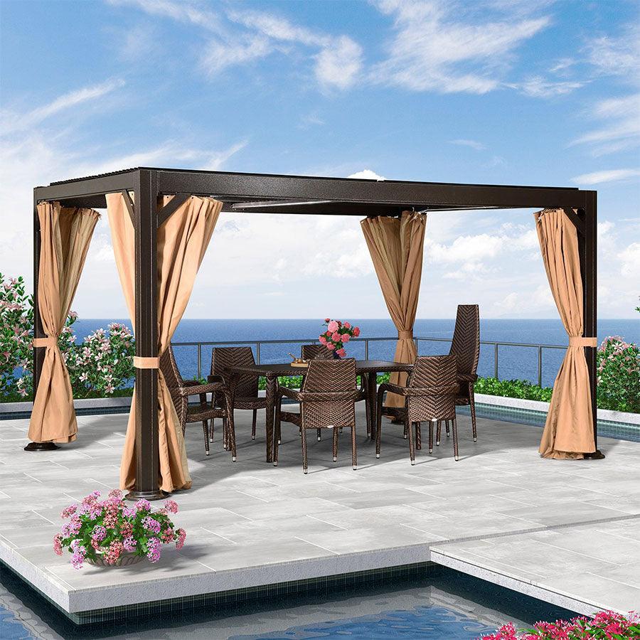PURPLE LEAF – Pergola extérieure réglable en aluminium à lames orientables, toit métallique rigide et rideau amélioré