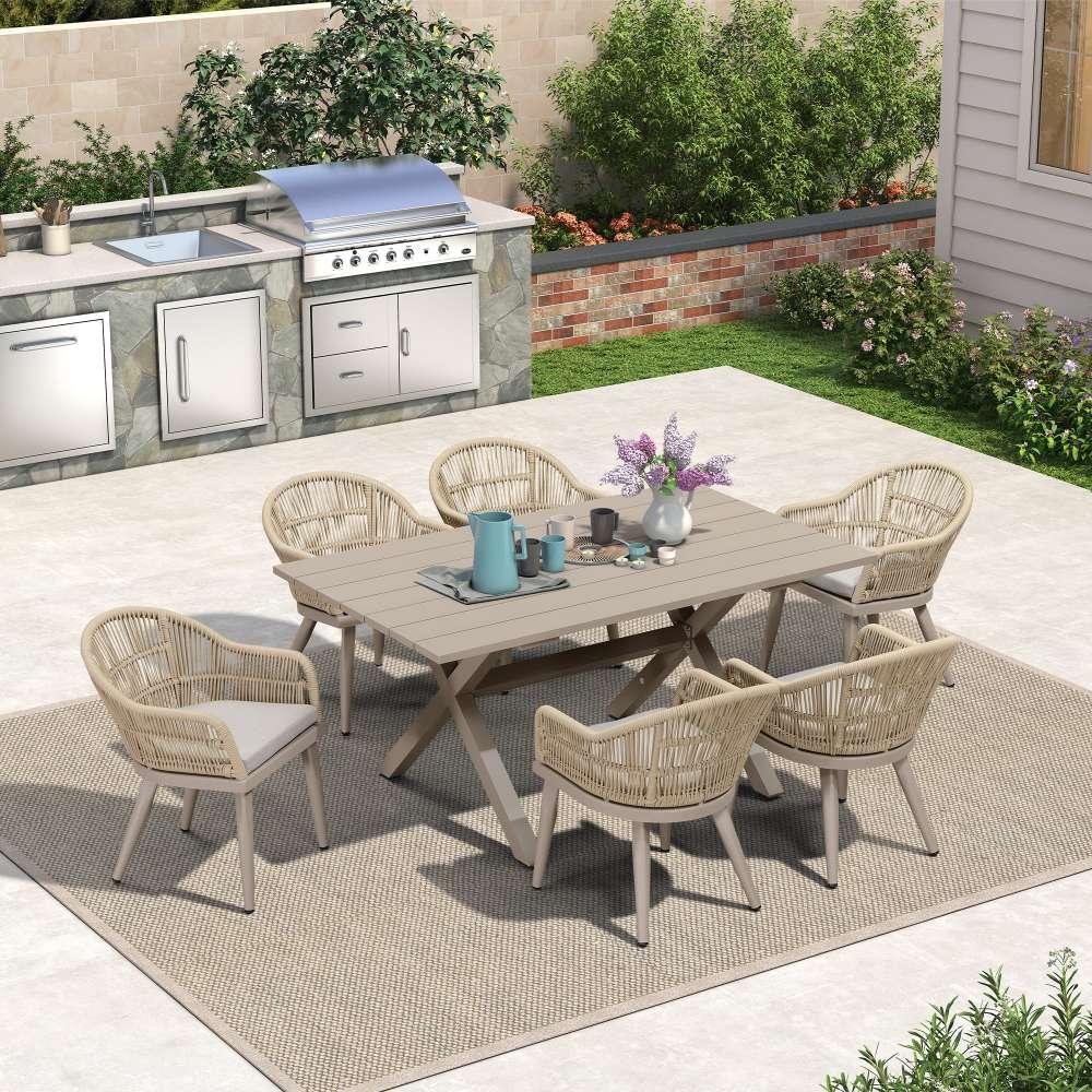 PURPLE LEAF – Ensemble repas extérieur 7/9/11 pièces avec table en aluminium et chaises en rotin tressé avec coussins, Champagne