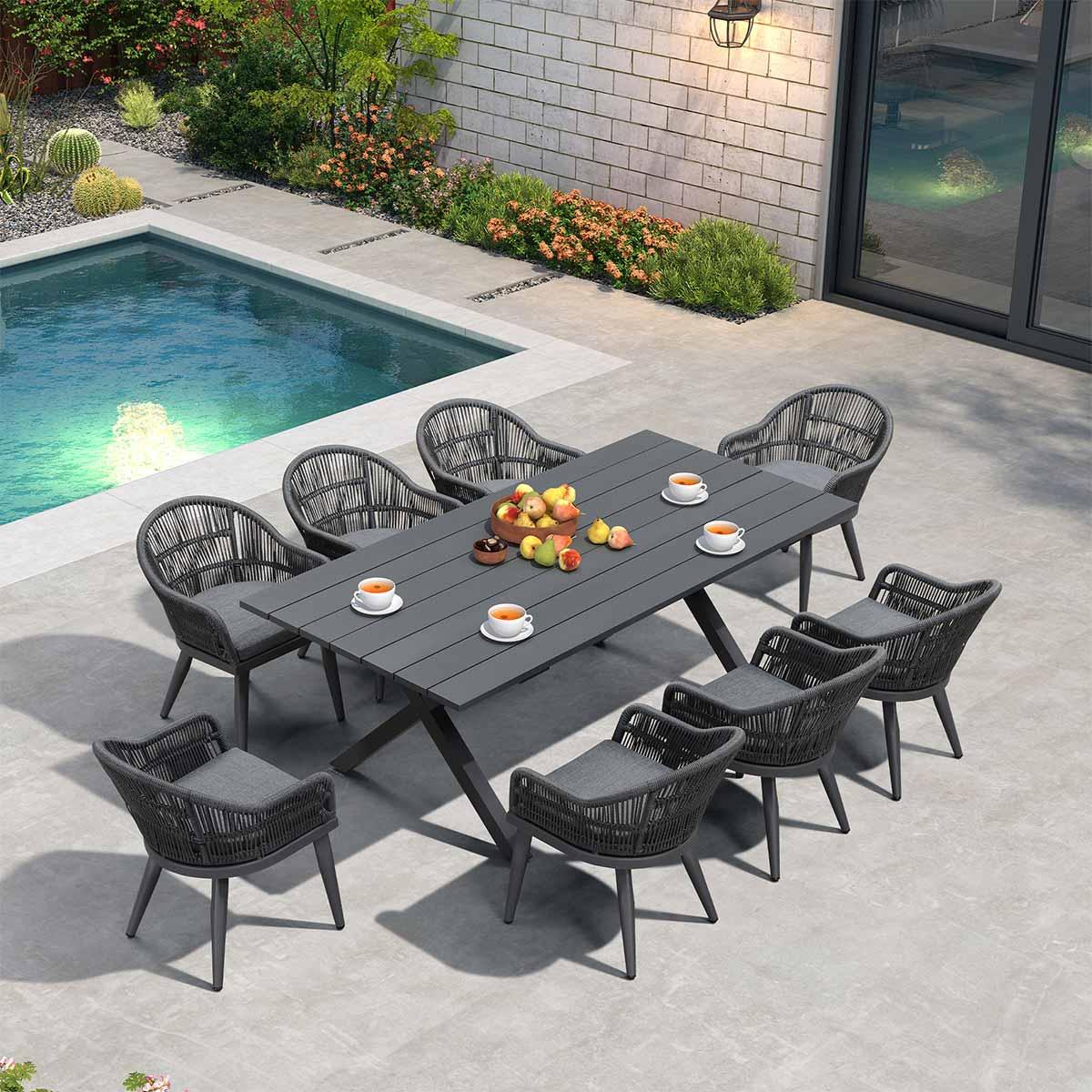 PURPLE LEAF – Ensemble repas de terrasse 7/9/11 pièces avec table et chaises résistantes aux intempéries en résine tressée, coussins confortables, gris