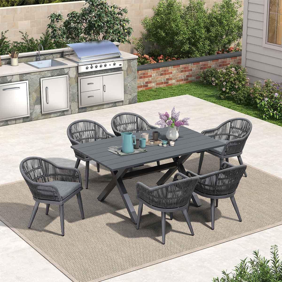 PURPLE LEAF – Ensemble repas de terrasse 7/9/11 pièces avec table et chaises résistantes aux intempéries en résine tressée, coussins confortables, gris