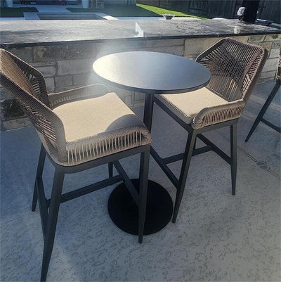 PURPLE LEAF – Lot de 4 tabourets de bar extérieurs en aluminium avec dossier, rotin tressé moderne style bohème pour jardin et piscine