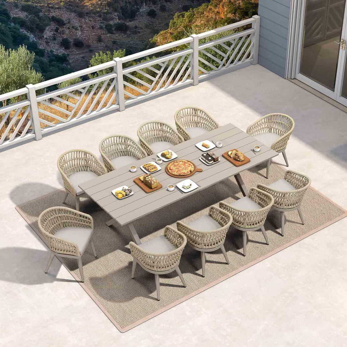 PURPLE LEAF – Table repas extérieure moderne 6/8/10 places avec table en aluminium toutes saisons et chaises en rotin avec coussins, Champagne