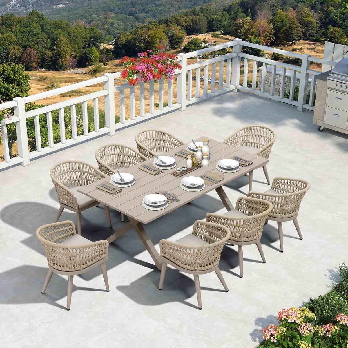 PURPLE LEAF – Table repas extérieure moderne 6/8/10 places avec table en aluminium toutes saisons et chaises en rotin avec coussins, Champagne