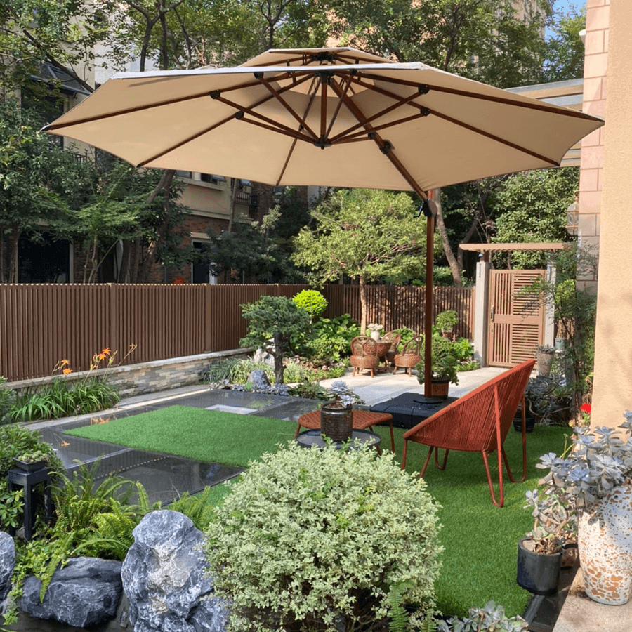 PURPLE LEAF – Parasol rond de terrasse en aluminium à double toit 10 / 11 / 12 / 13 ft, coloris bois