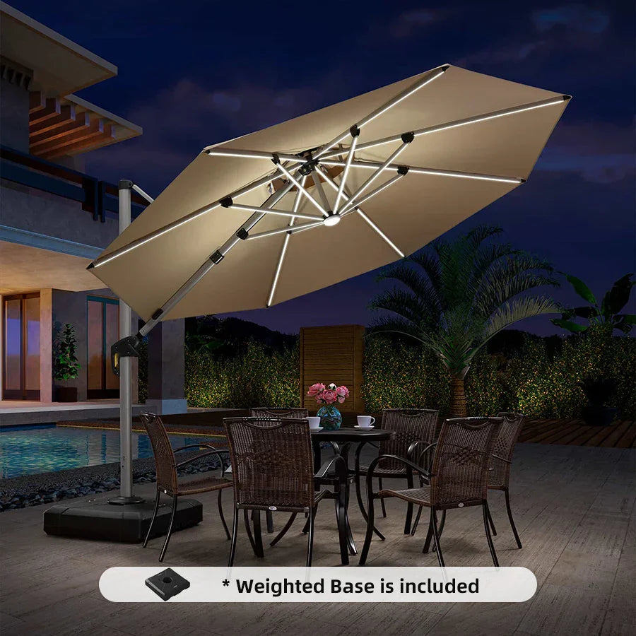 PURPLE LEAF – Parasol déporté rond avec base et éclairage pour extérieur