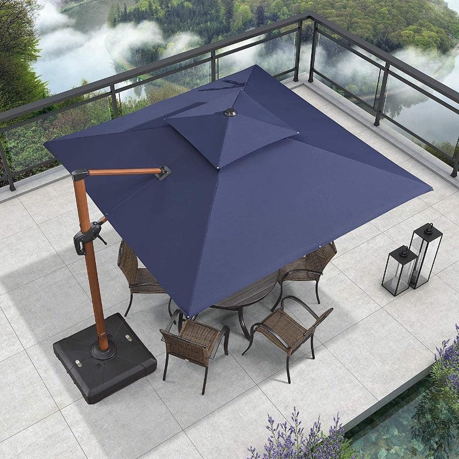 PURPLE LEAF – Parasol carré en aluminium à double toit 9 / 10 / 11 / 12 ft, coloris bois