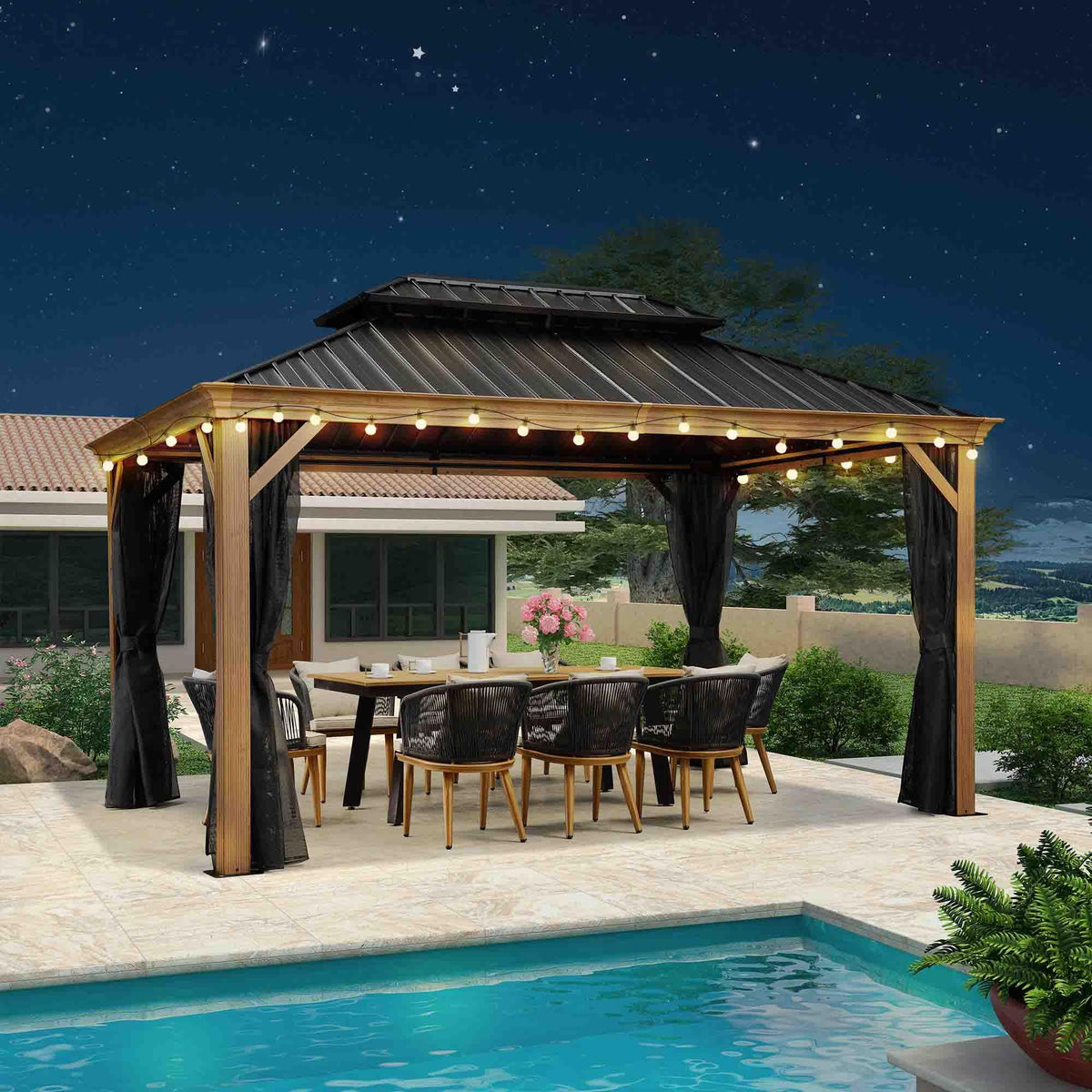 PURPLE LEAF – Pavillon à toit rigide pour terrasse, structure en aluminium effet bois avec guirlande lumineuse – milky