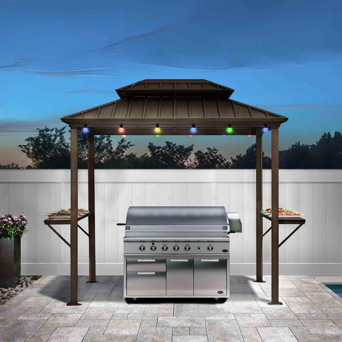 PURPLE LEAF – Pavillon à toit rigide pour barbecue, toit métallique permanent bronze, auvent d’ombrage et guirlande lumineuse
