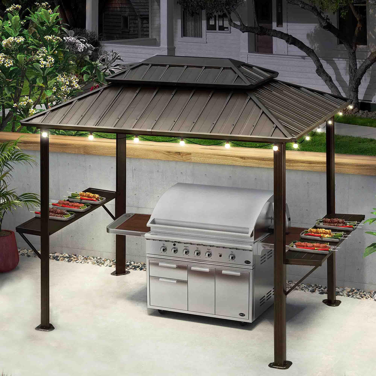 PURPLE LEAF – Pavillon à toit rigide pour barbecue, toit métallique permanent bronze, auvent d’ombrage et guirlande lumineuse