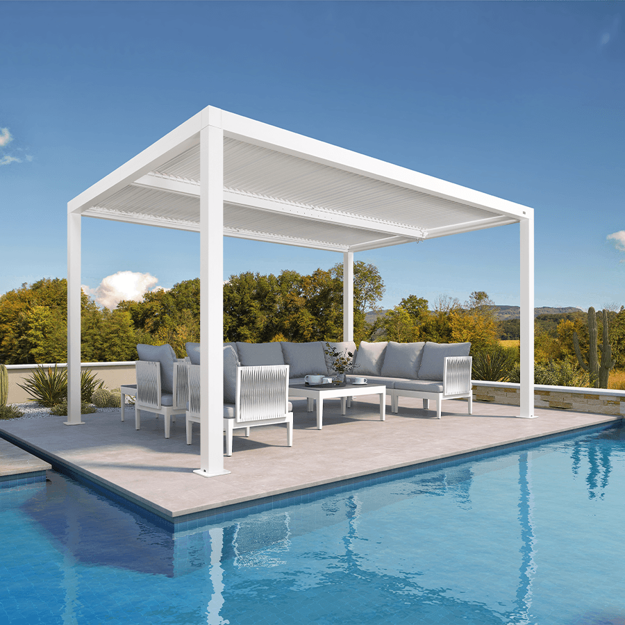 PURPLE LEAF Athena – Pergola moderne blanche à lames orientables avec toit réglable pour terrasse et jardin