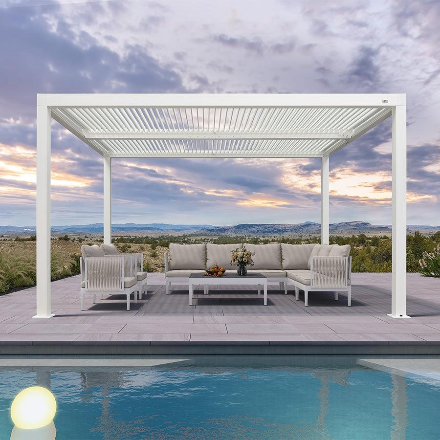 PURPLE LEAF Athena – Pergola moderne blanche à lames orientables avec toit réglable pour terrasse et jardin