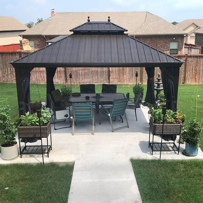 PURPLE LEAF – Pavillon extérieur à toit rigide pour terrasse, structure en aluminium bronze avec rideau bleu marine