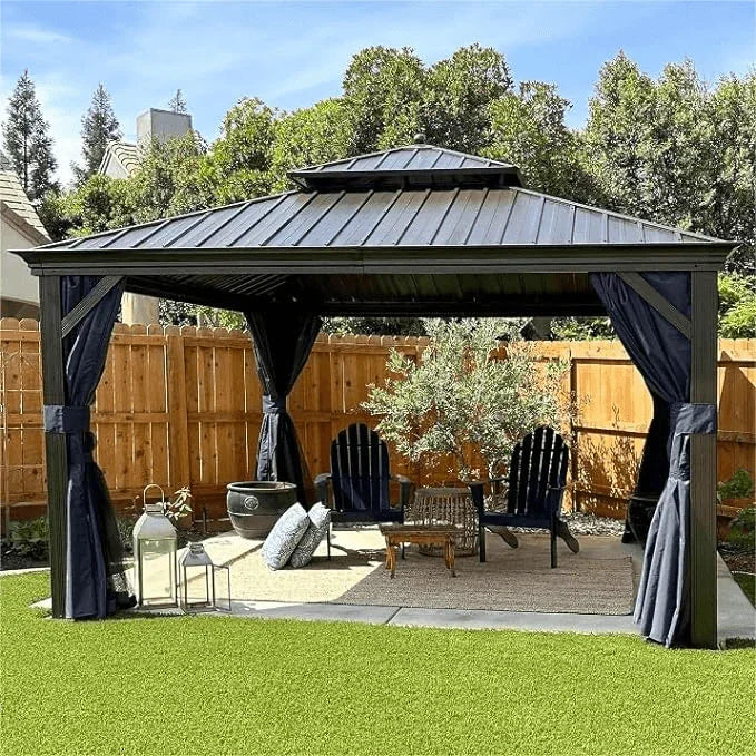 PURPLE LEAF – Pavillon extérieur à toit rigide pour terrasse, structure en aluminium bronze avec rideau bleu marine