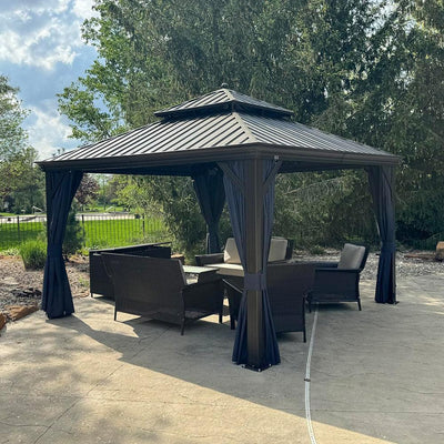 PURPLE LEAF – Pavillon extérieur à toit rigide pour terrasse, structure en aluminium bronze avec rideau bleu marine