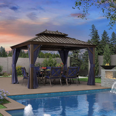 PURPLE LEAF – Pavillon extérieur à toit rigide pour terrasse, structure en aluminium bronze avec rideau bleu marine