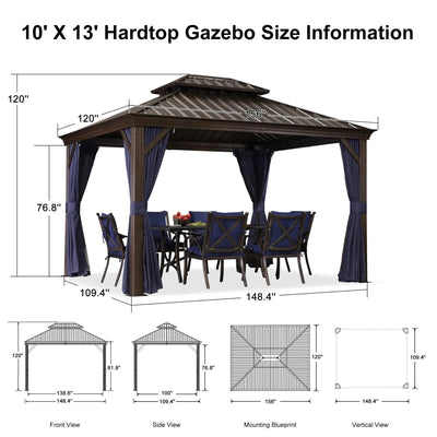 PURPLE LEAF – Pavillon extérieur à toit rigide pour terrasse, structure en aluminium bronze avec rideau bleu marine