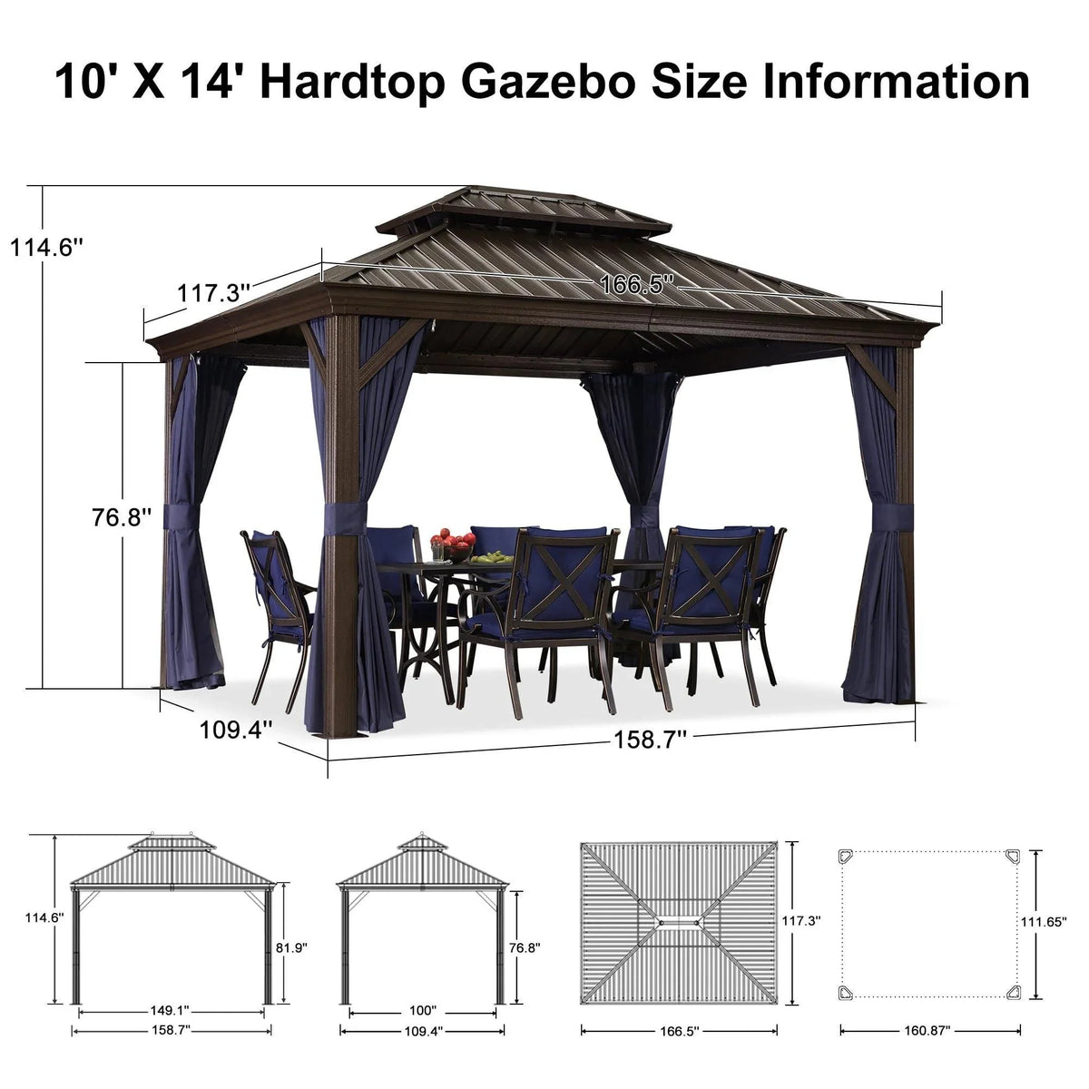 PURPLE LEAF – Pavillon extérieur à toit rigide pour terrasse, structure en aluminium bronze avec rideau bleu marine