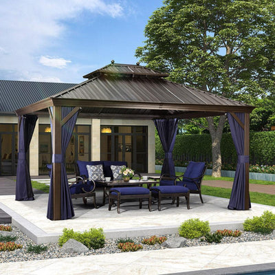 PURPLE LEAF – Pavillon extérieur à toit rigide pour terrasse, structure en aluminium bronze avec rideau bleu marine