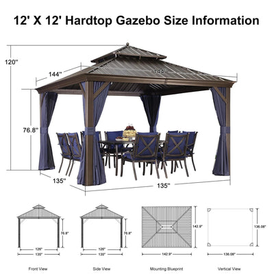 PURPLE LEAF – Pavillon extérieur à toit rigide pour terrasse, structure en aluminium bronze avec rideau bleu marine