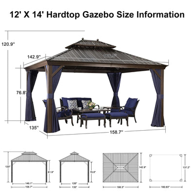 PURPLE LEAF – Pavillon extérieur à toit rigide pour terrasse, structure en aluminium bronze avec rideau bleu marine