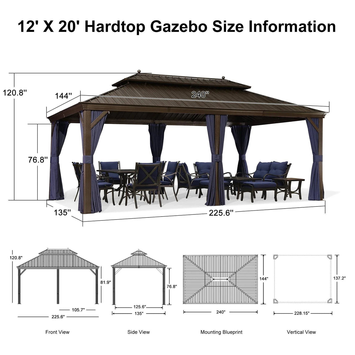 PURPLE LEAF – Pavillon extérieur à toit rigide pour terrasse, structure en aluminium bronze avec rideau bleu marine