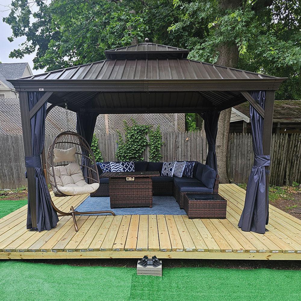 PURPLE LEAF – Pavillon extérieur à toit rigide pour terrasse, structure en aluminium bronze avec rideau bleu marine