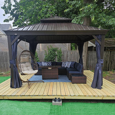 PURPLE LEAF – Pavillon extérieur à toit rigide pour terrasse, structure en aluminium bronze avec rideau bleu marine
