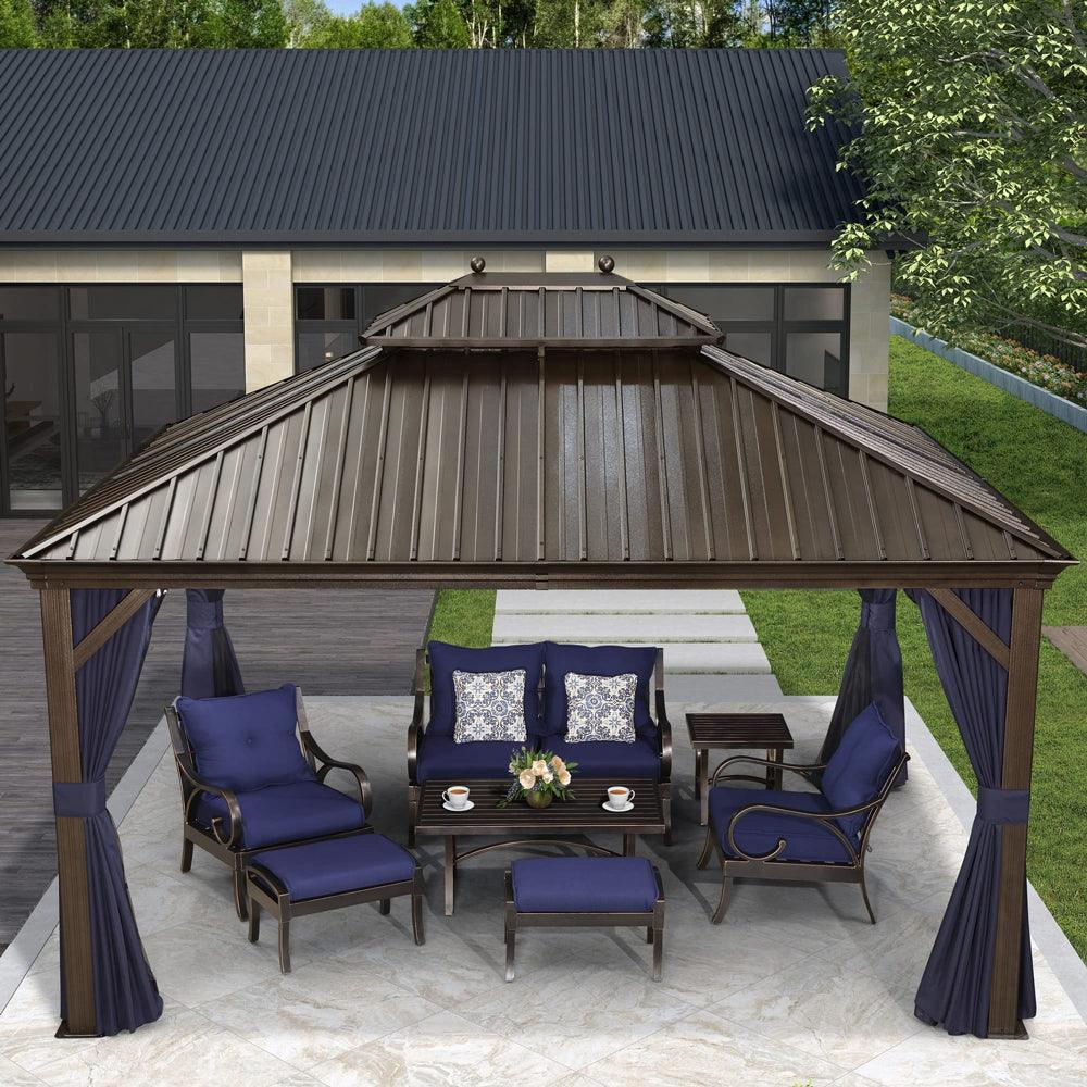PURPLE LEAF – Pavillon extérieur à toit rigide pour terrasse, structure en aluminium bronze avec rideau bleu marine