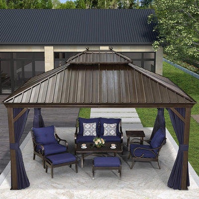 PURPLE LEAF – Pavillon extérieur à toit rigide pour terrasse, structure en aluminium bronze avec rideau bleu marine