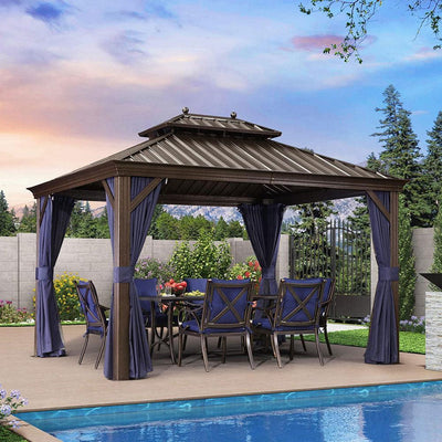 PURPLE LEAF – Pavillon extérieur à toit rigide pour terrasse, structure en aluminium bronze avec rideau bleu marine