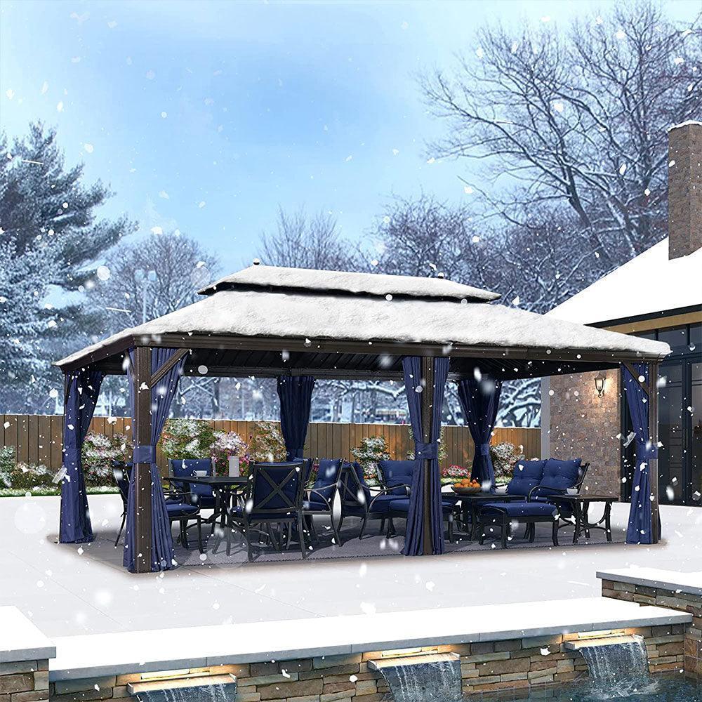 PURPLE LEAF – Pavillon extérieur à toit rigide pour terrasse, structure en aluminium bronze avec rideau bleu marine