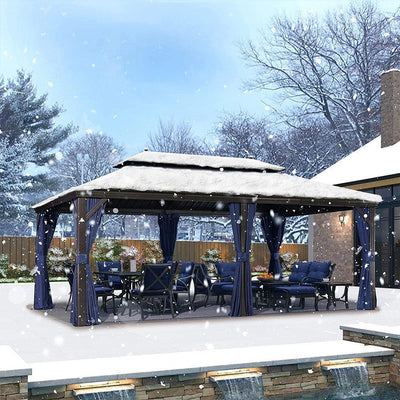 PURPLE LEAF – Pavillon extérieur à toit rigide pour terrasse, structure en aluminium bronze avec rideau bleu marine