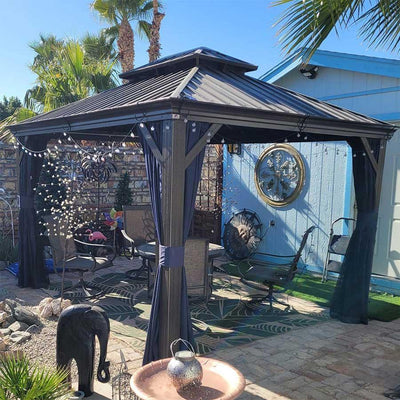 PURPLE LEAF – Pavillon extérieur à toit rigide pour terrasse, structure en aluminium bronze avec rideau bleu marine