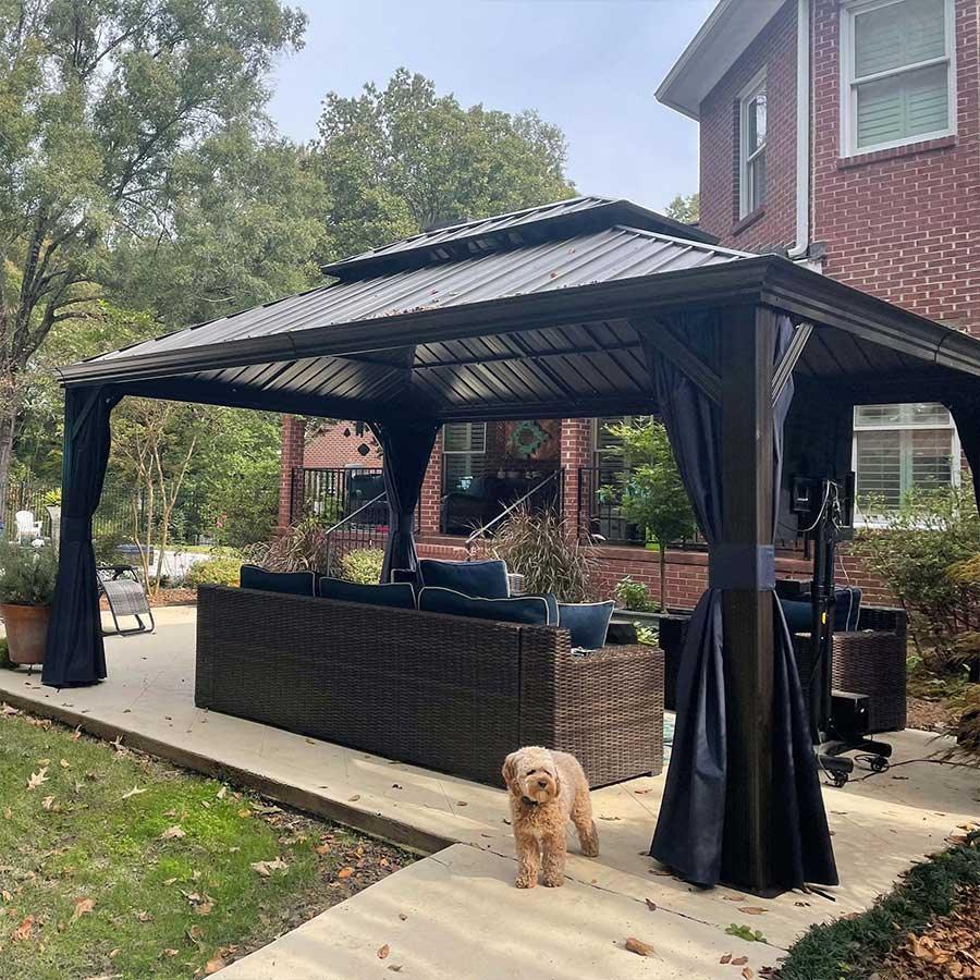 PURPLE LEAF – Pavillon extérieur à toit rigide pour terrasse, structure en aluminium bronze, rideau bleu marine et tiges de renfort