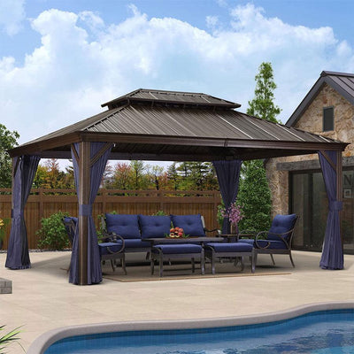 PURPLE LEAF – Pavillon extérieur à toit rigide pour terrasse, structure en aluminium bronze avec rideau bleu marine