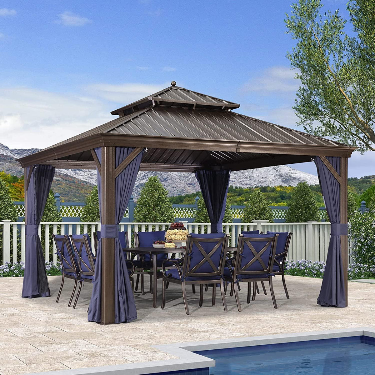 PURPLE LEAF – Pavillon extérieur à toit rigide pour terrasse, structure en aluminium bronze avec rideau bleu marine