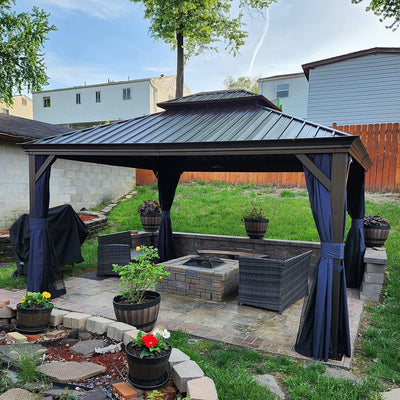 PURPLE LEAF – Pavillon extérieur à toit rigide pour terrasse, structure en aluminium bronze avec rideau bleu marine