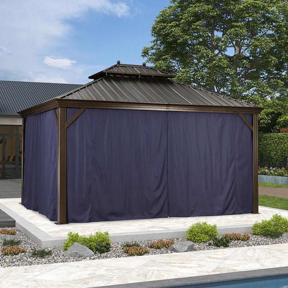 PURPLE LEAF – Pavillon extérieur à toit rigide pour terrasse, structure en aluminium bronze avec rideau bleu marine