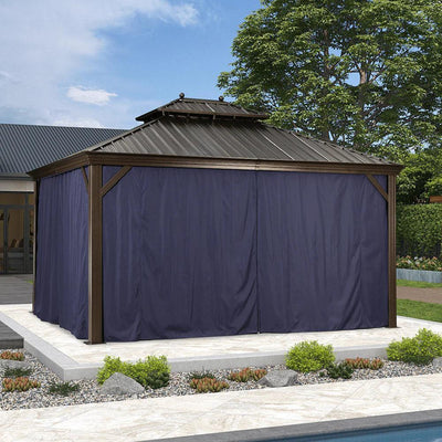 PURPLE LEAF – Pavillon extérieur à toit rigide pour terrasse, structure en aluminium bronze avec rideau bleu marine