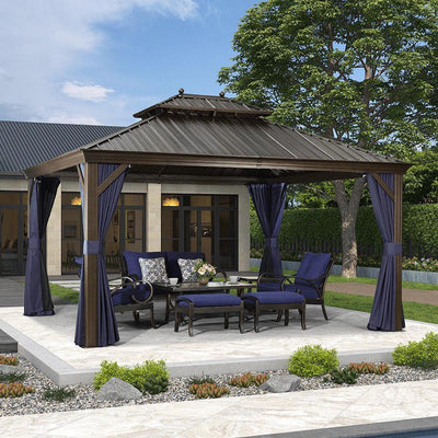 PURPLE LEAF – Pavillon extérieur à toit rigide pour terrasse, structure en aluminium bronze avec rideau bleu marine