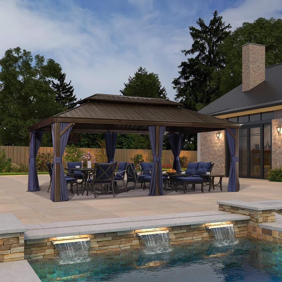 PURPLE LEAF – Pavillon extérieur à toit rigide pour terrasse, structure en aluminium bronze avec rideau bleu marine