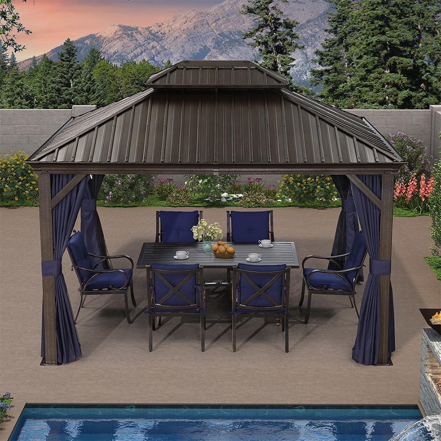 PURPLE LEAF – Pavillon extérieur à toit rigide pour terrasse, structure en aluminium bronze avec rideau bleu marine