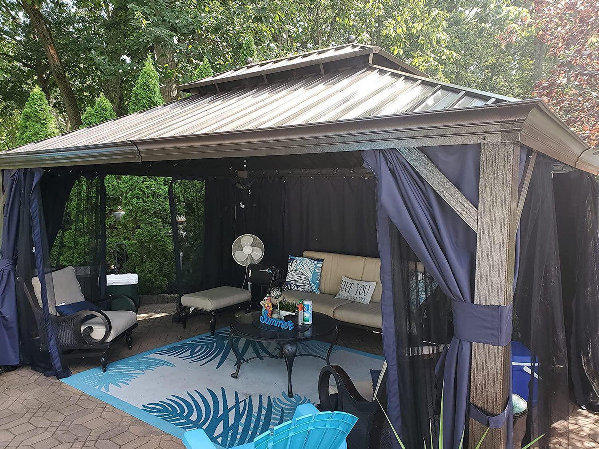 PURPLE LEAF – Pavillon extérieur à toit rigide pour terrasse, structure en aluminium bronze avec rideau bleu marine