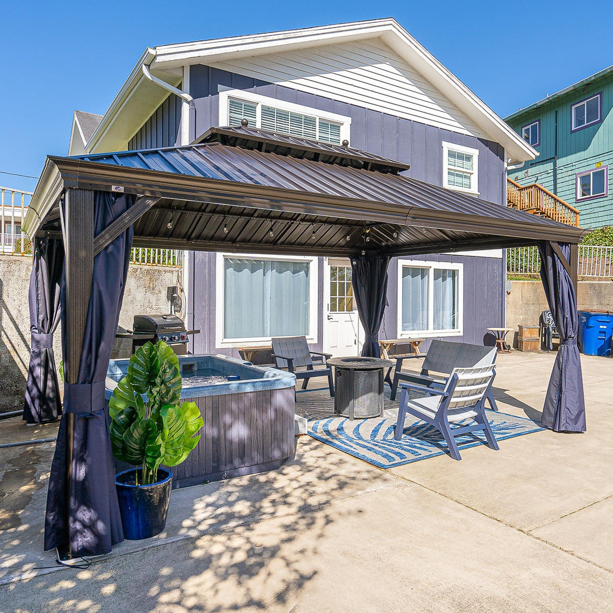 PURPLE LEAF – Pavillon extérieur à toit rigide pour terrasse, structure en aluminium bronze avec rideau bleu marine