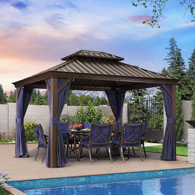 PURPLE LEAF – Pavillon extérieur à toit rigide pour terrasse, structure en aluminium bronze avec rideau bleu marine