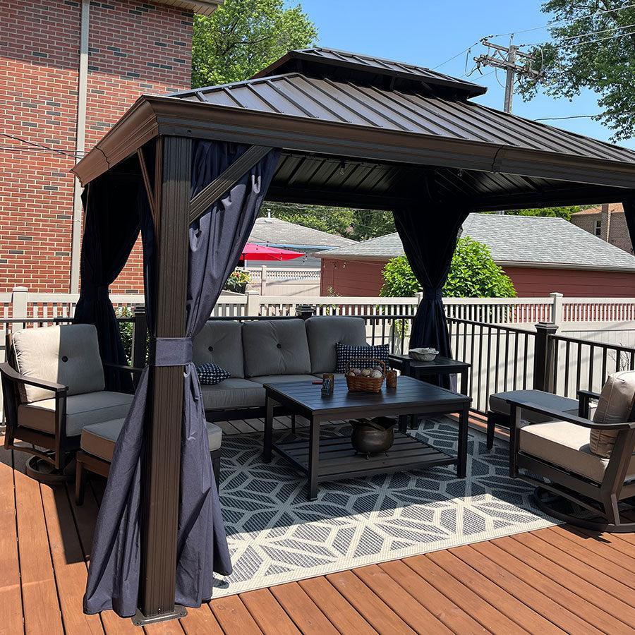 PURPLE LEAF – Pavillon extérieur à toit rigide pour terrasse, structure en aluminium bronze avec rideau bleu marine